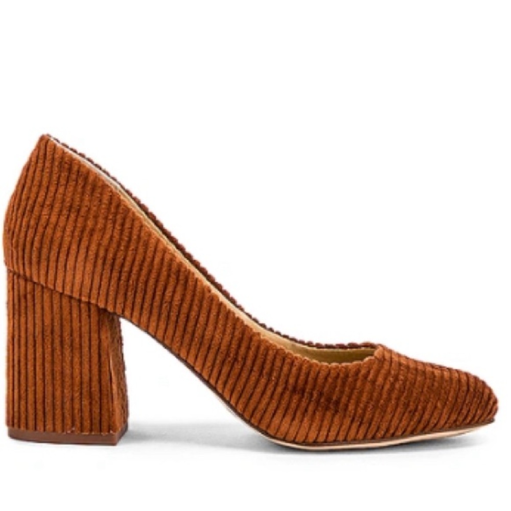 EUC SPLENDID Hector Round Toe Block Heel Corduroy Pumps 7.5 Whiskey Rust Brown